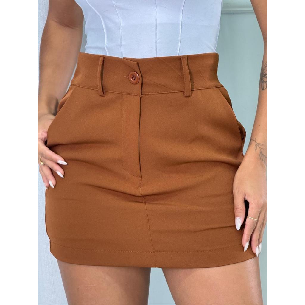 Short Saia Feminino Alfaiataria Curto Cintura Alta Botão Bolso Cinto Forrado Verão Moda Feminina em Oferta na Shopee
