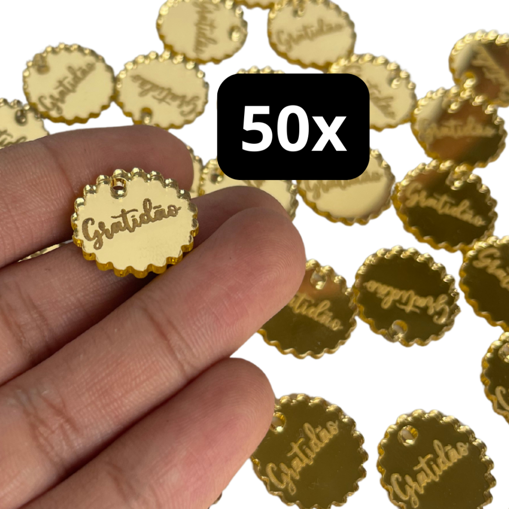 KIT COM 50 Aplique Etiqueta NUVENZINHA com a escrita GRATIDÃO Decorativo Tags Acrílico Espelhado