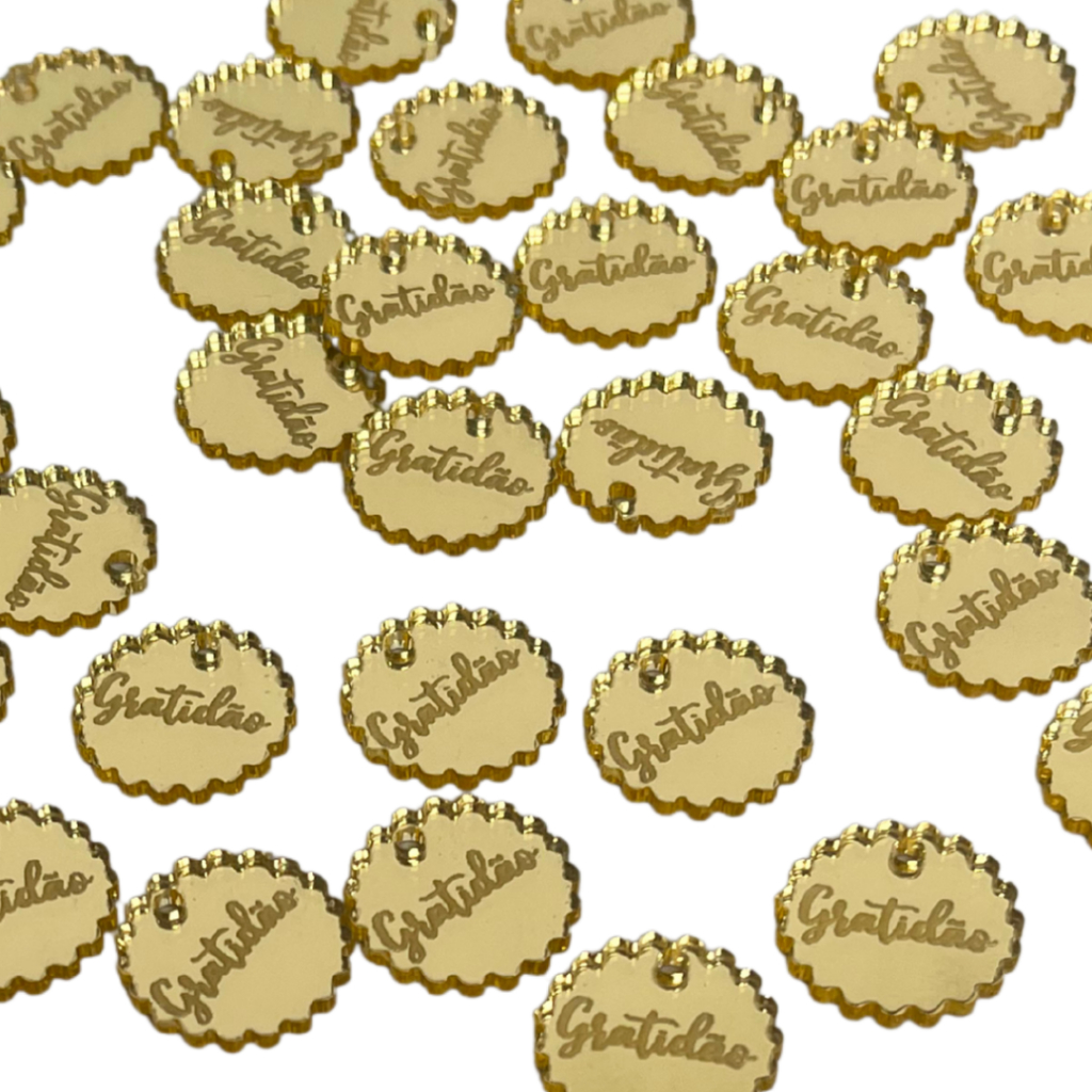 Aplique GRATIDÃO Tag Acrílico Espelhado Dourado NUVENZINHA