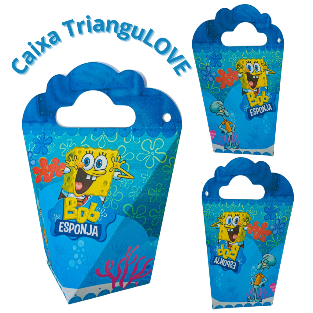 Sacolinha Surpresa Pequena Alça Caixinha Triangular Personalizada Aniversário Bob Esponja - Lembrancinha Aniversário