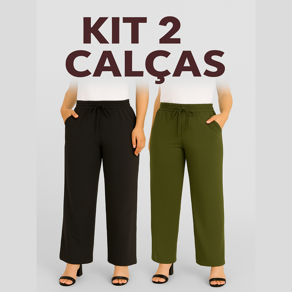 KIT 2 Calça Pantalona Feminina Com Bolso Cintura Alta Duna Promoção Oferta Relâmpago