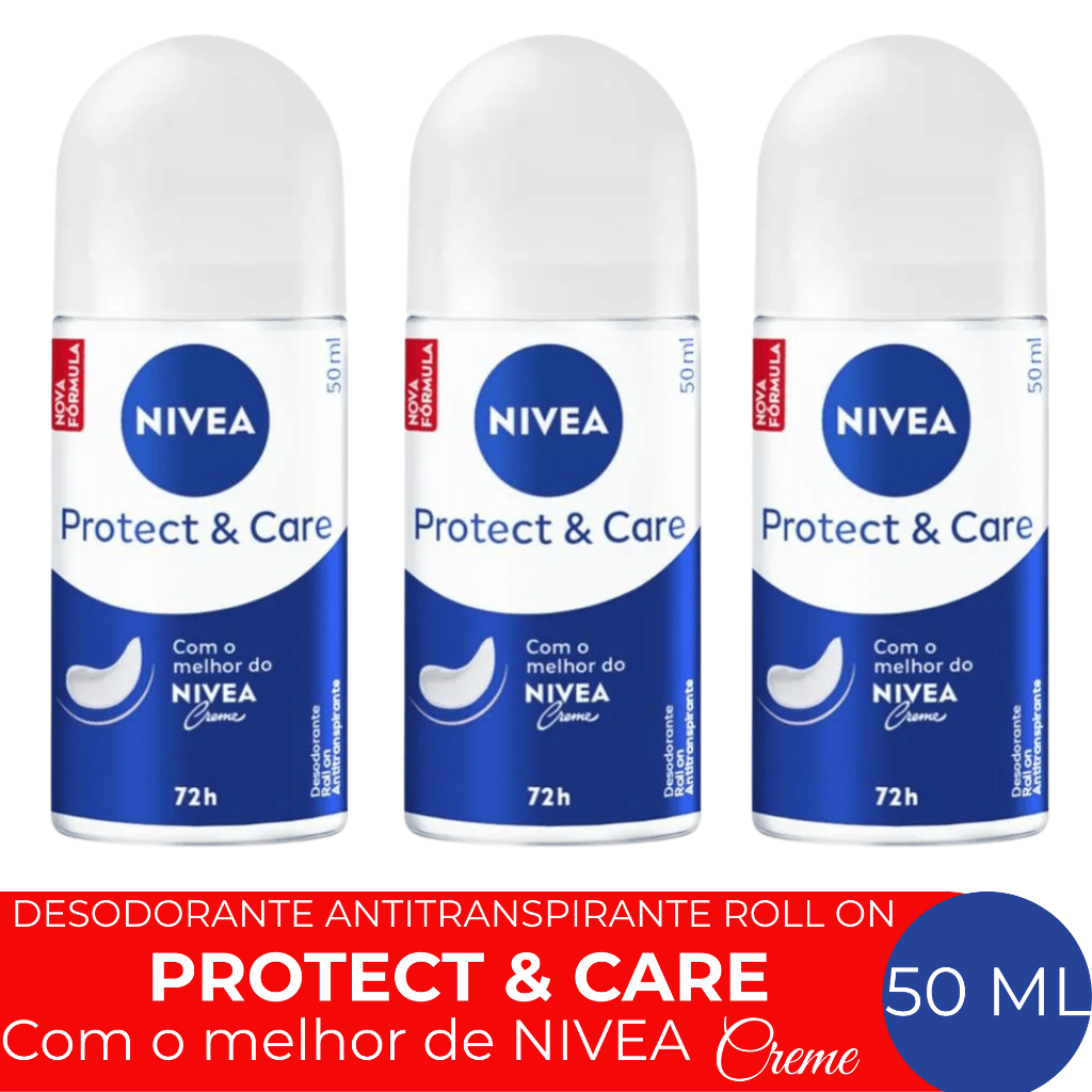 KIT 3X Desodorante Antitranspirante Roll On NIVEA Protect & Care 50ML Com Hidratante Nivea Creme