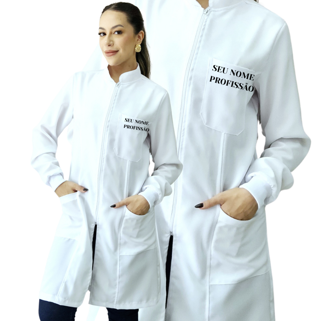 Jaleco Feminino Branco Ziper Manga Longa Com Bordado, Bordamos Nome e Profissão No Bolso Superior