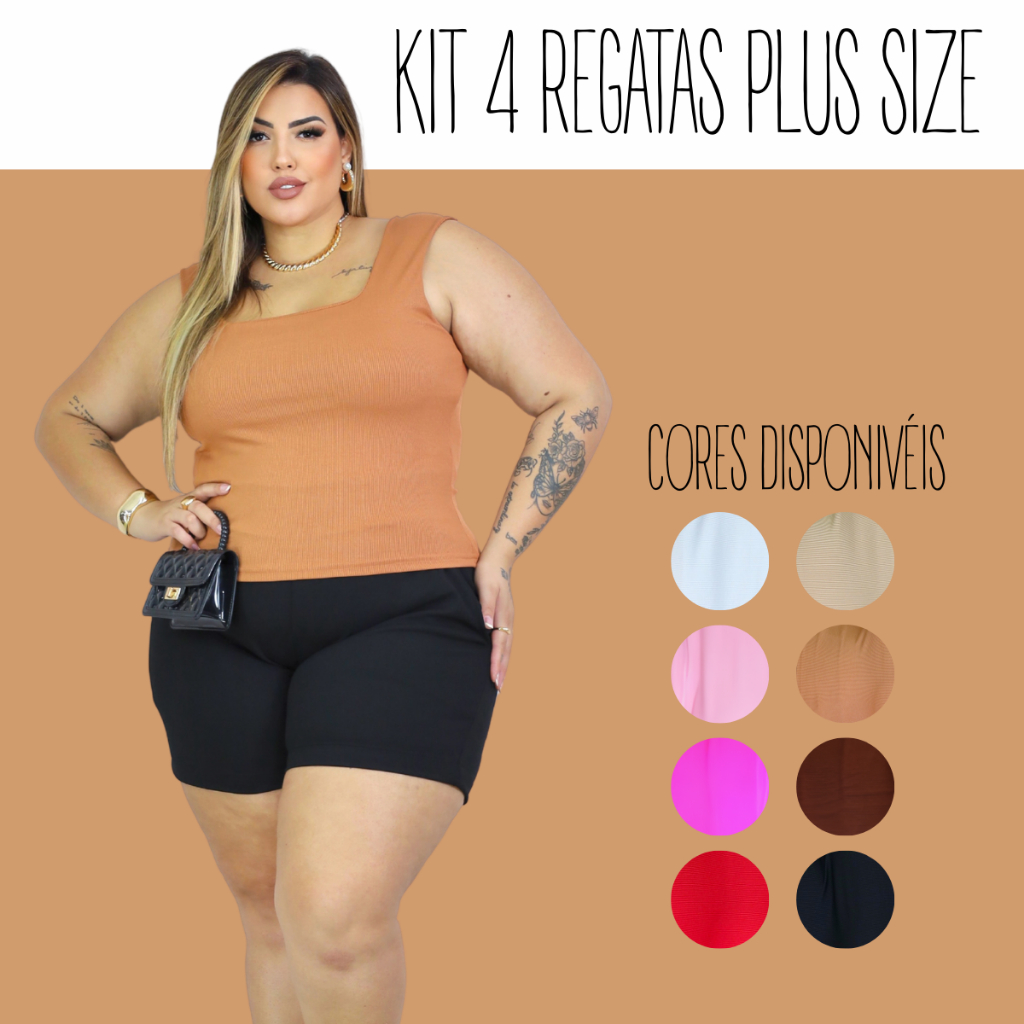 KIT 4 Blusa Regata Regatinha Plus Size Social  Chique com Gola Quadrada Veste 44 ao 52 Verão Moda Gringa Gordinha - Women Clothes