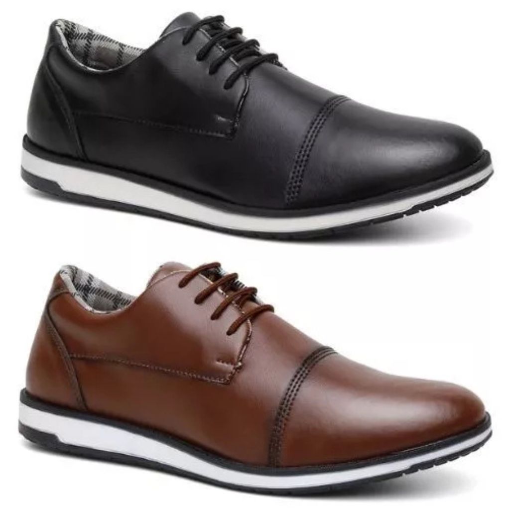 Combo 2 Pares Sapato Casual Oxford de Couro Brilhante Legitimo Solado Antiderrapante Palmilha Confortável Anatômica