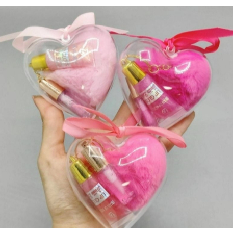 Glitter Lip Gloss Heart Case + Chaveiro De Pelúcia Com 2 Lip Gloss