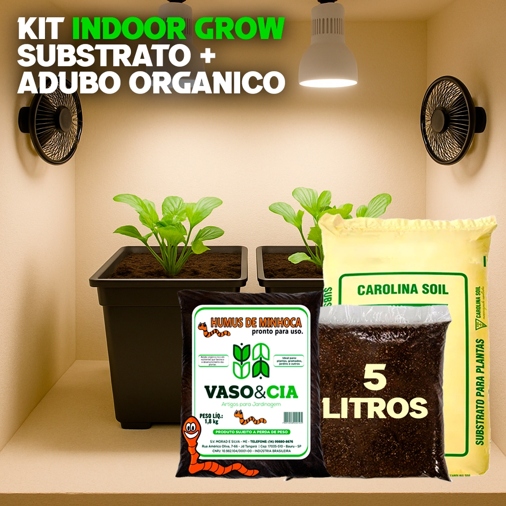 Kit Cultivo Indoor Grow Hortas e Plantas Substrato Carolina Soil 5L 1kg + Húmus de Minhoca 1,8kg