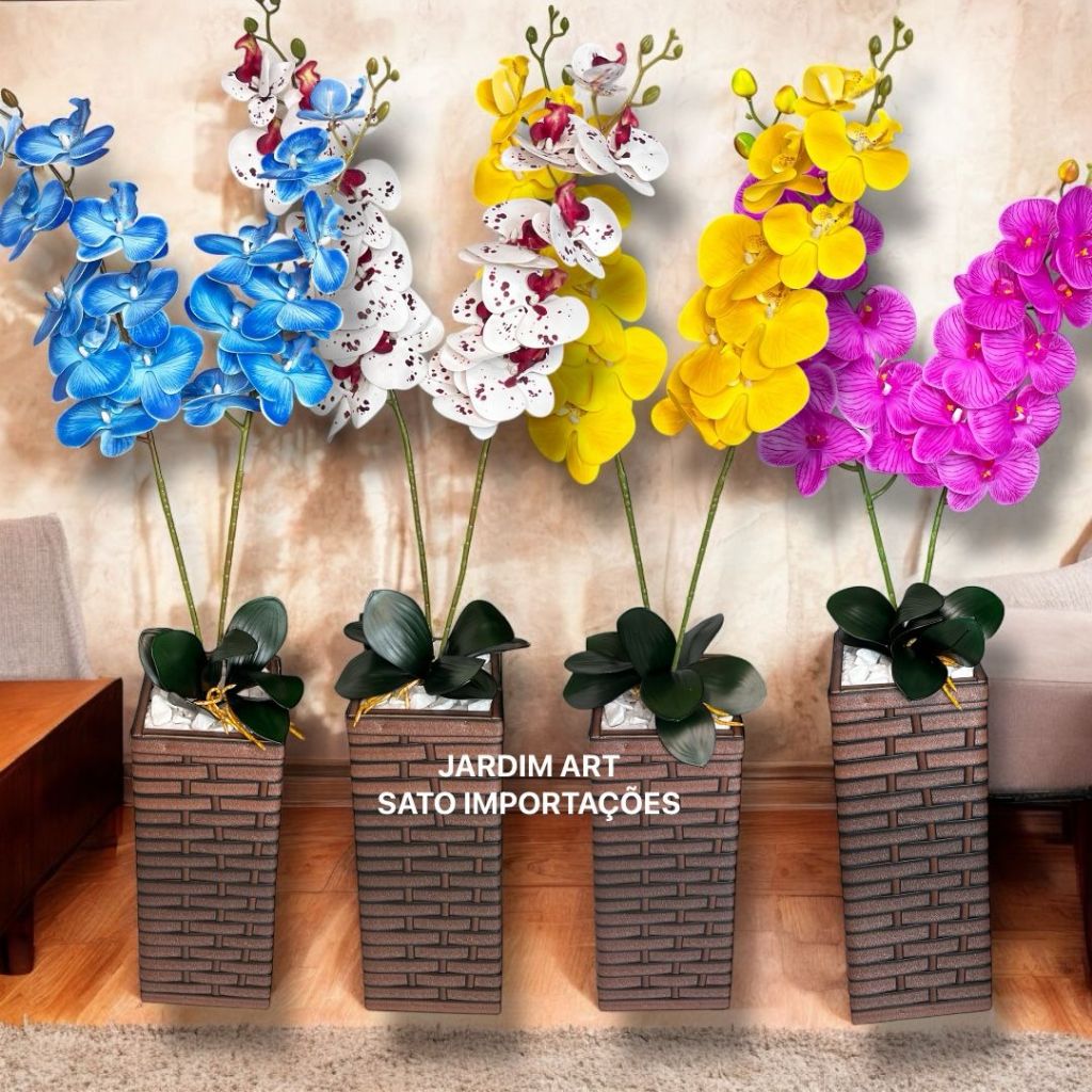 Toque de Luxo: Arranjo Decorativo com Duas Orquídeas, 2 Folhas, Pedras e Vaso de Chão Exclusivo coluna