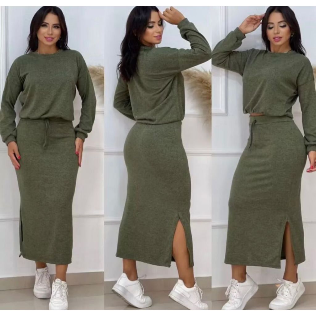 Conjunto Feminino Lanzinha Inverno Blusa Cropped e Saia Midi com Fendas Laterais