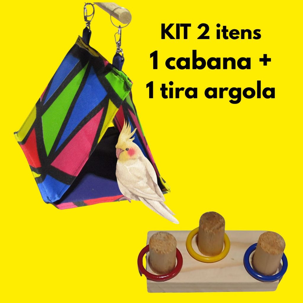 Kit  com 2 Brinquedos Para Calopsita Cabana + Tira argola De Passaro Gaiola Aves Pets Periquito Rinq Neck Agapornis.