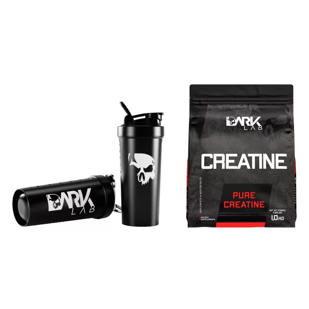 Kit Creatina Monohidratada 1KG 100% Pura + Coqueteleira Fuse com Rede 700ml Preta - Dark Lab