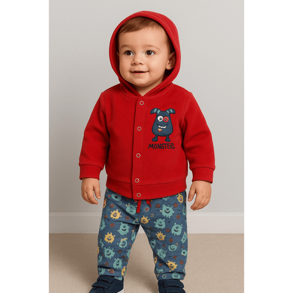 Conjunto Bebê Inverno Menino – Blusa Plush com Capuz + Calça Moletom Estampada