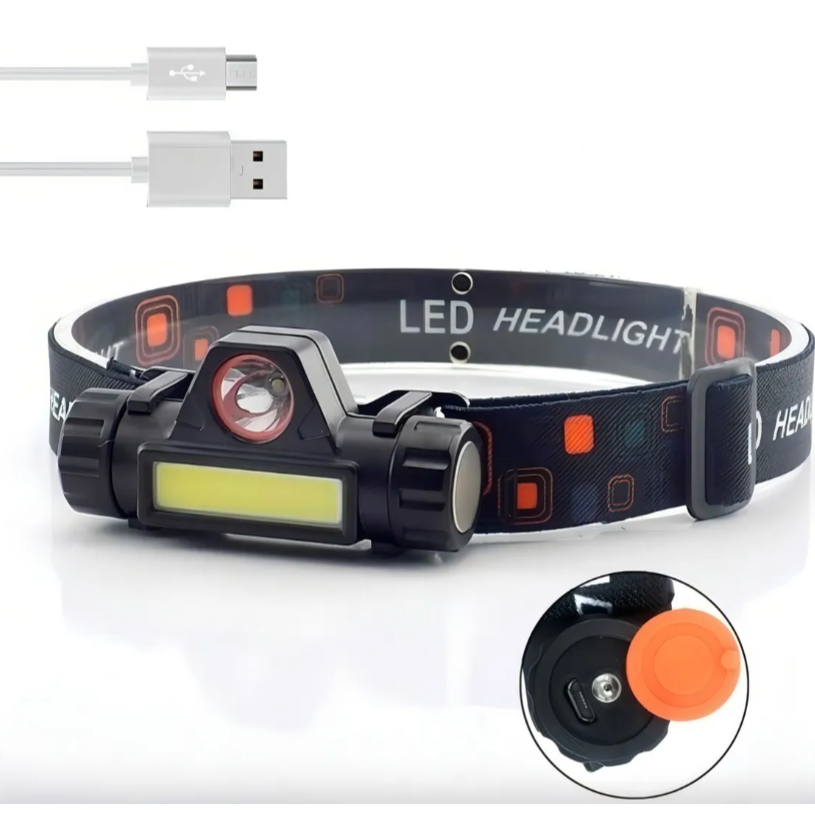 Lanterna de Cabeça Recarregável 3 LEDs COB 500 lúmens Portátil 4 Modos de Iluminação - BOM-4005