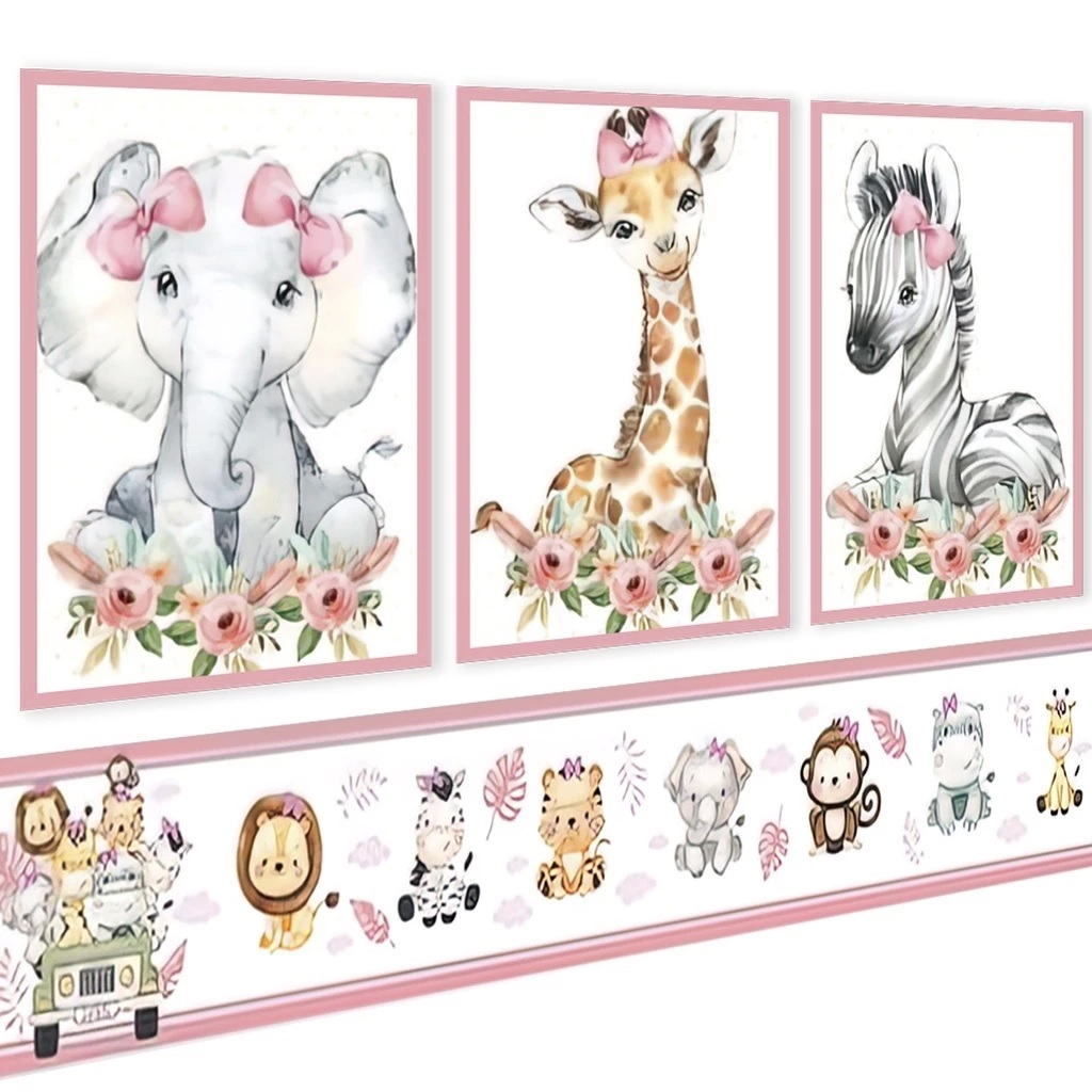 Quadro Decorativo Infantil 20x30 Bebê Menina Safari 3 Peças + Adesivo de Parede