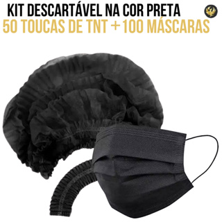 Kit 50 Toucas Descartável PRETA+ 100 Máscaras Descartáveis PRETA De Tnt Tripla Camada em Oferta na Shopee