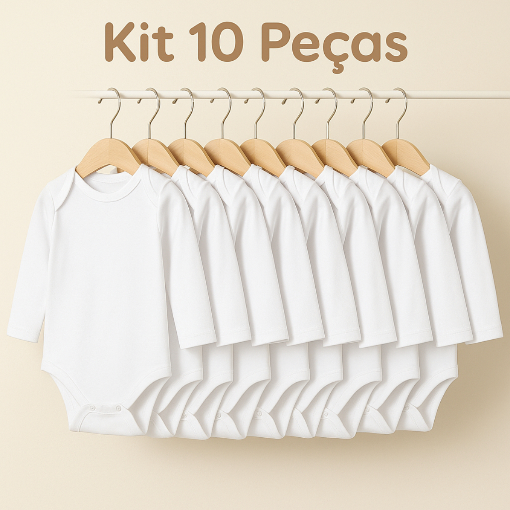 Body Bebê Manga Longa Branco Liso Kit 10 Peças 100% Algodão Sublimação Enxoval Bebê