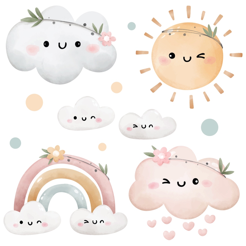 Adesivo De Parede Infantil Nuvem Sol Arco Íris Aquarela Menina Rosa N1