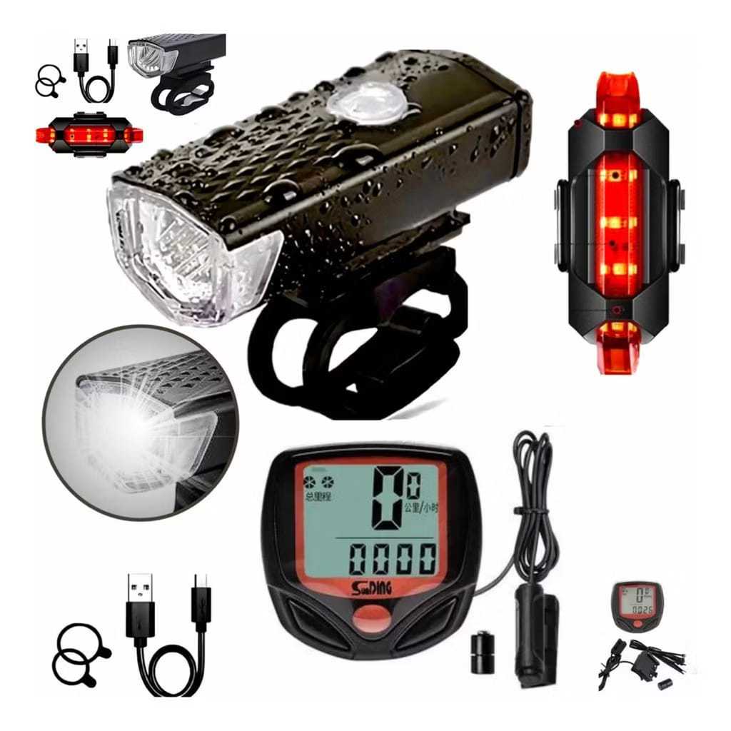 Kit Lanterna E Farol Bicicleta Bike Luz Ultra Led E Velocímetro Bicicleta Digital à Prova D'água mt2255 mt039