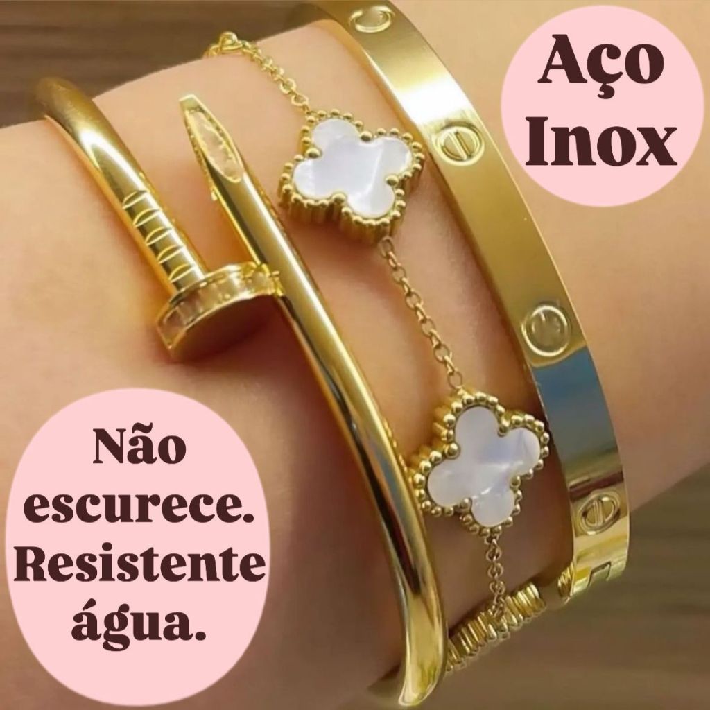 Conjunto 3 Braceletes Aço inoxidável Dourado Acessórios Femininos Virginia Moda KIT Pulsei...