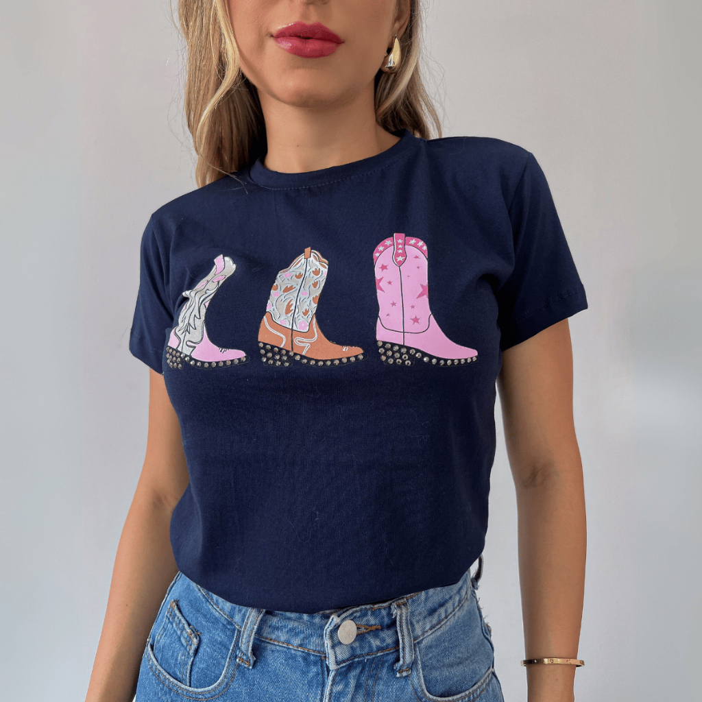 T-shirts Country Feminina Blusa Botas com Strass 100% Algodão Fio 30.1 Cowgirl Rodeio em Oferta na Shopee