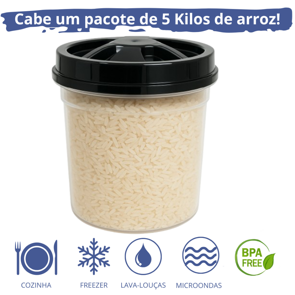 1 Pote Redondo Transparente 6400ml PRIME Tampa Rosca Preta Mantimento Arroz Feijão Açúcar Artesanato