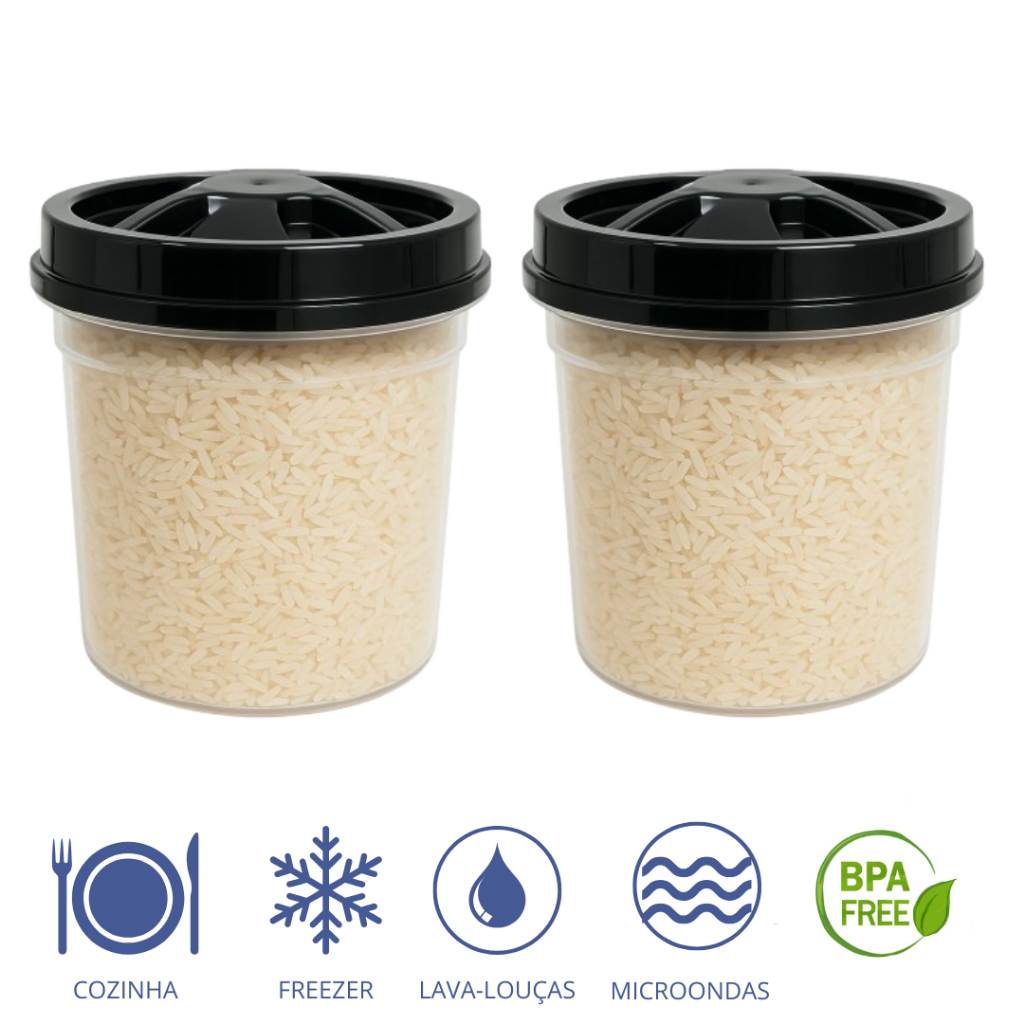 Kit 2 Potes Redondo 6400ml Transparente PRIME Tampa Rosca Preta Arroz Feijão Cereais Mantimento