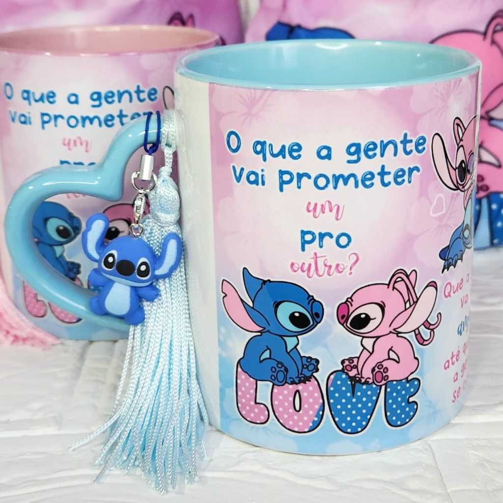 ~~ Stitch e Angel "O que a gente vai prometer um pro outro?" Votos de Meredith e Derek - Caneca + saquinho + pingente ~~