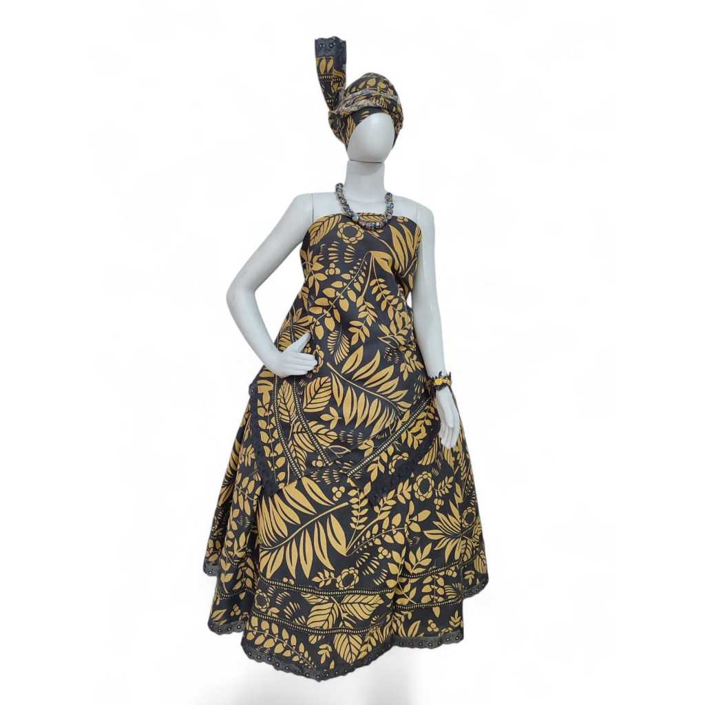 ROUPA FEMININA LUXO BAIANA POMBA GIRA 3PÇS ESTAMPADA PRETO E DOURADO UMBANDA CANDOMBLÉ