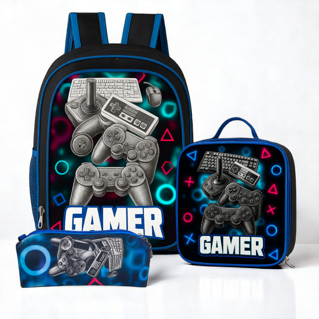 Mochila Infantil com Estojo e Lancheira | Kit Completo Escolar Leve e Pronto para a Rotina - Gamer em Oferta na Shopee