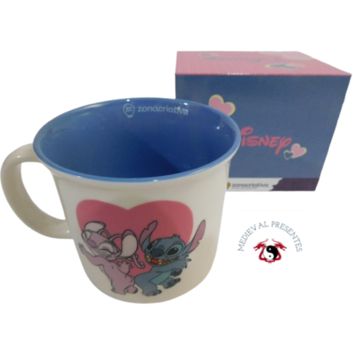 CANECA TOM STITCH E ANGEL NAMORADOS CERAMICA ROSA 350ML ORIGINAL LICENCIADA DISNEY