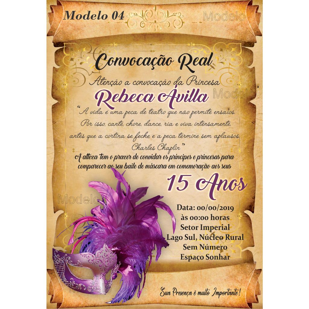 Convite Debutante Baile de Máscara Festa 15 Anos - Convite Pergaminho Baile de Máscara + Individuais