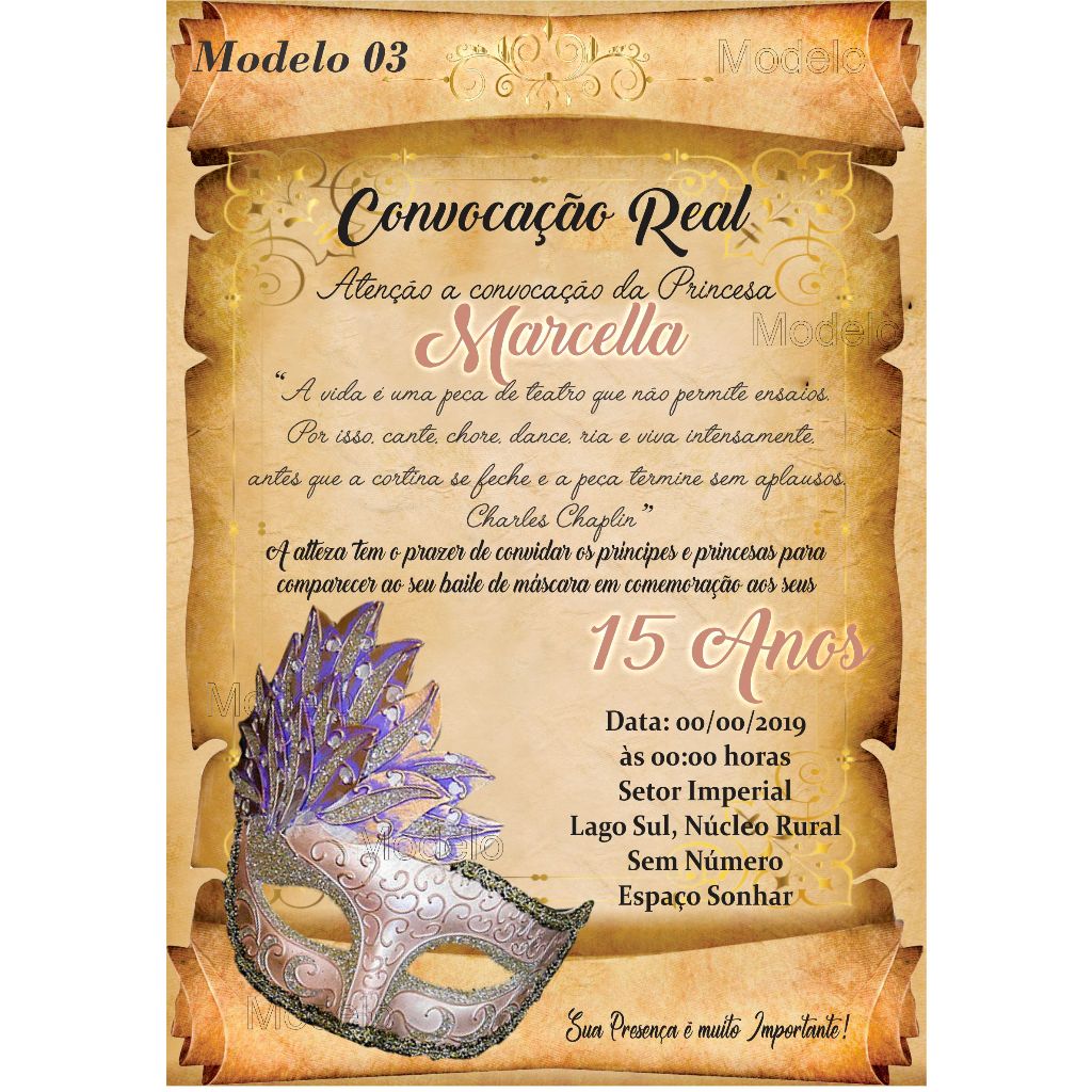 Convite Pergaminho Baile de Mascara - Convite Festa 15 Anos Debutante + Convites Individuais