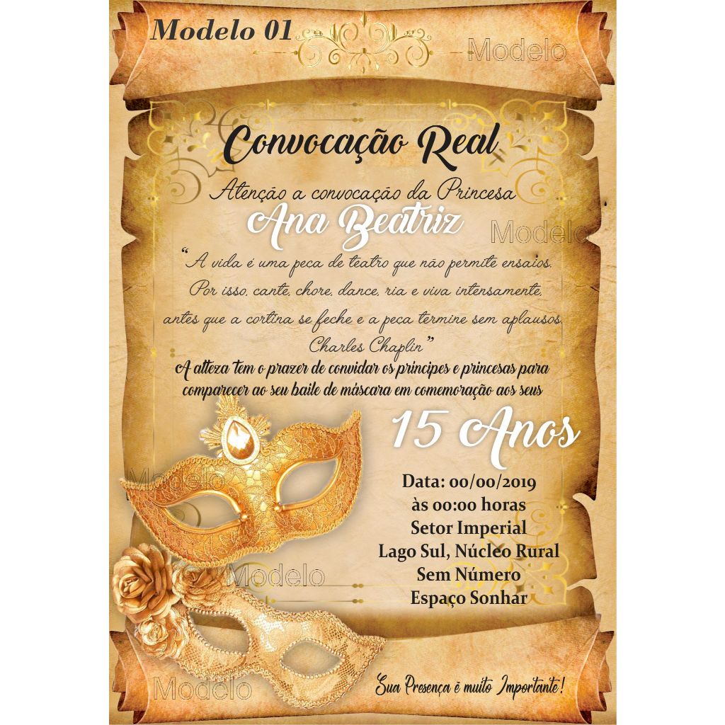 Convite Pergaminho Festa 15 Anos Baile de Máscaras - Convite Debutante + Individuais