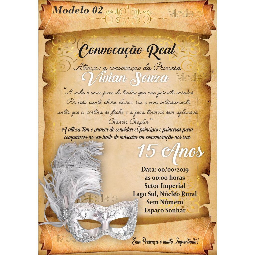 Convite Baile de Máscara Festa Debutante 15 Anos - Convite Pergaminho Baile de Máscara + Individuais