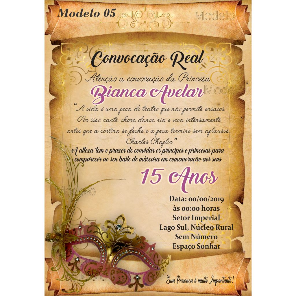 Convite Baile de Máscara 15 Anos Festa Debutante - Convites Pergaminho 15 Anos + Individuais