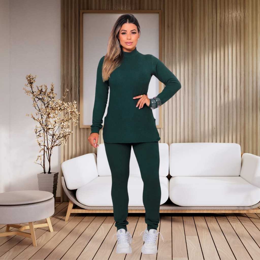 Conjunto Feminino 2 peças Lanzinha Blusa Manga Longa Calça com Elastico e Bolso
