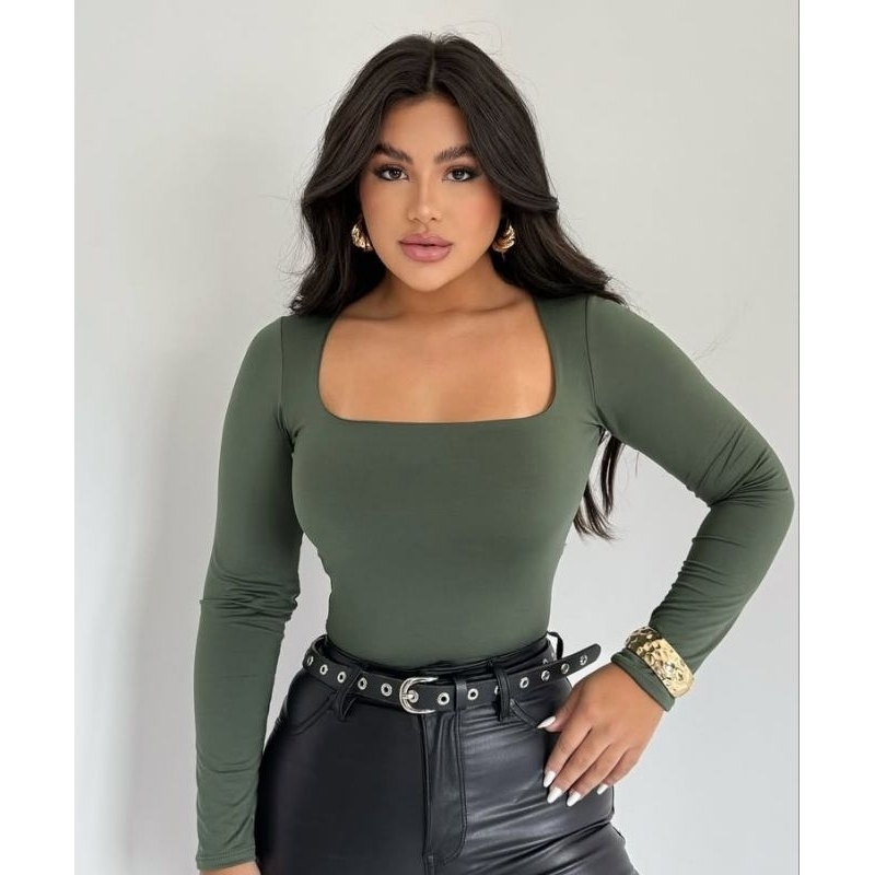 blusa feminina  básica suplex decote Gola quadrado manga longa moda inverno em Oferta na Shopee