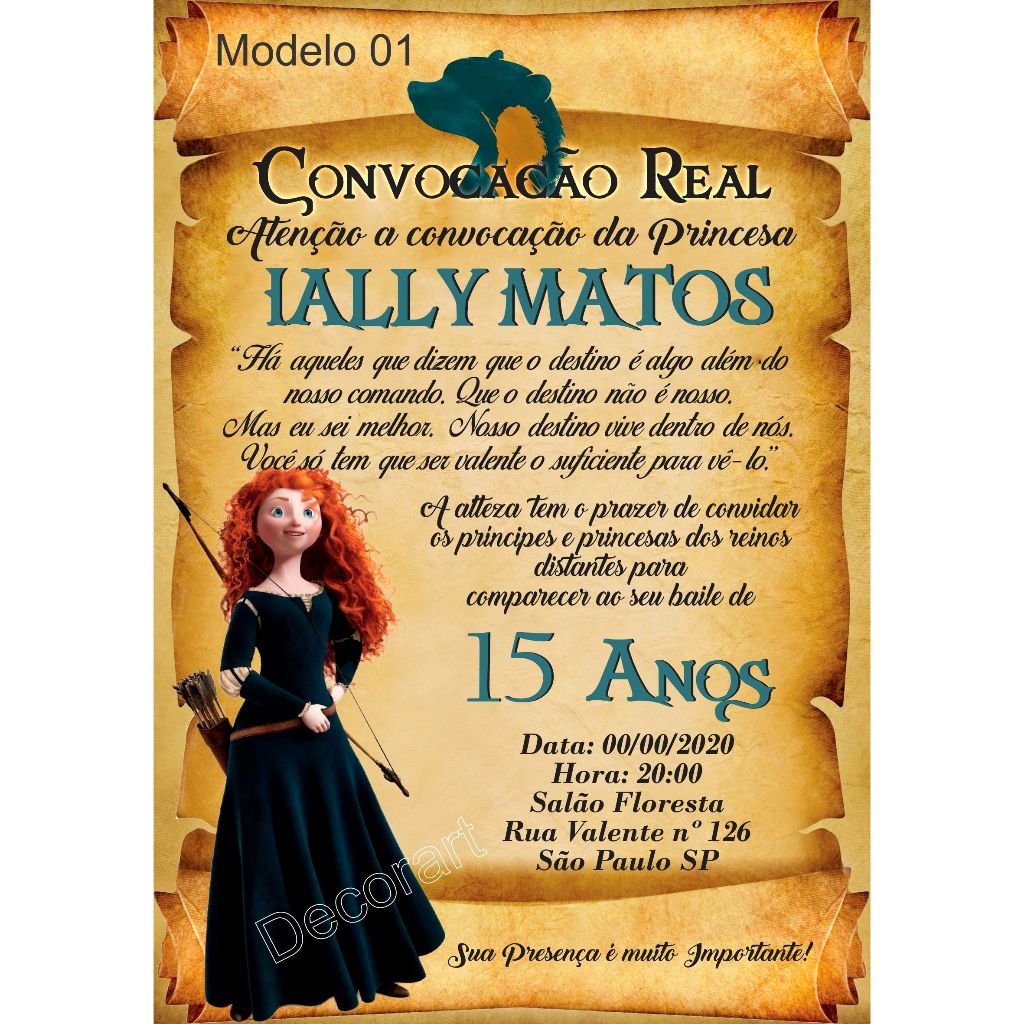 Convite Pergaminho Merida Valente - Convite 15 Anos Mérida Valente Festa Debutante + Individuais