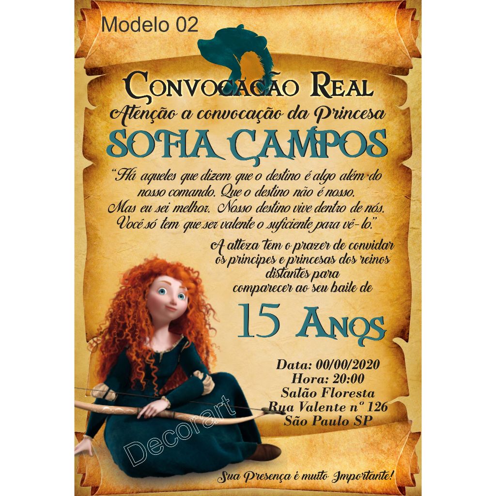 Convite Festa 15 Anos Merida Valente - Convite Debutante Pergaminho Mérida Valente + Individuais