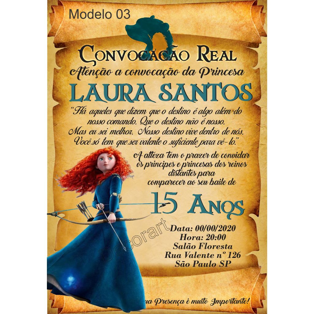 Convite Merida Valente Pergaminho - Convite Festa 15 Anos Debutante Mérida Valente + Individuais