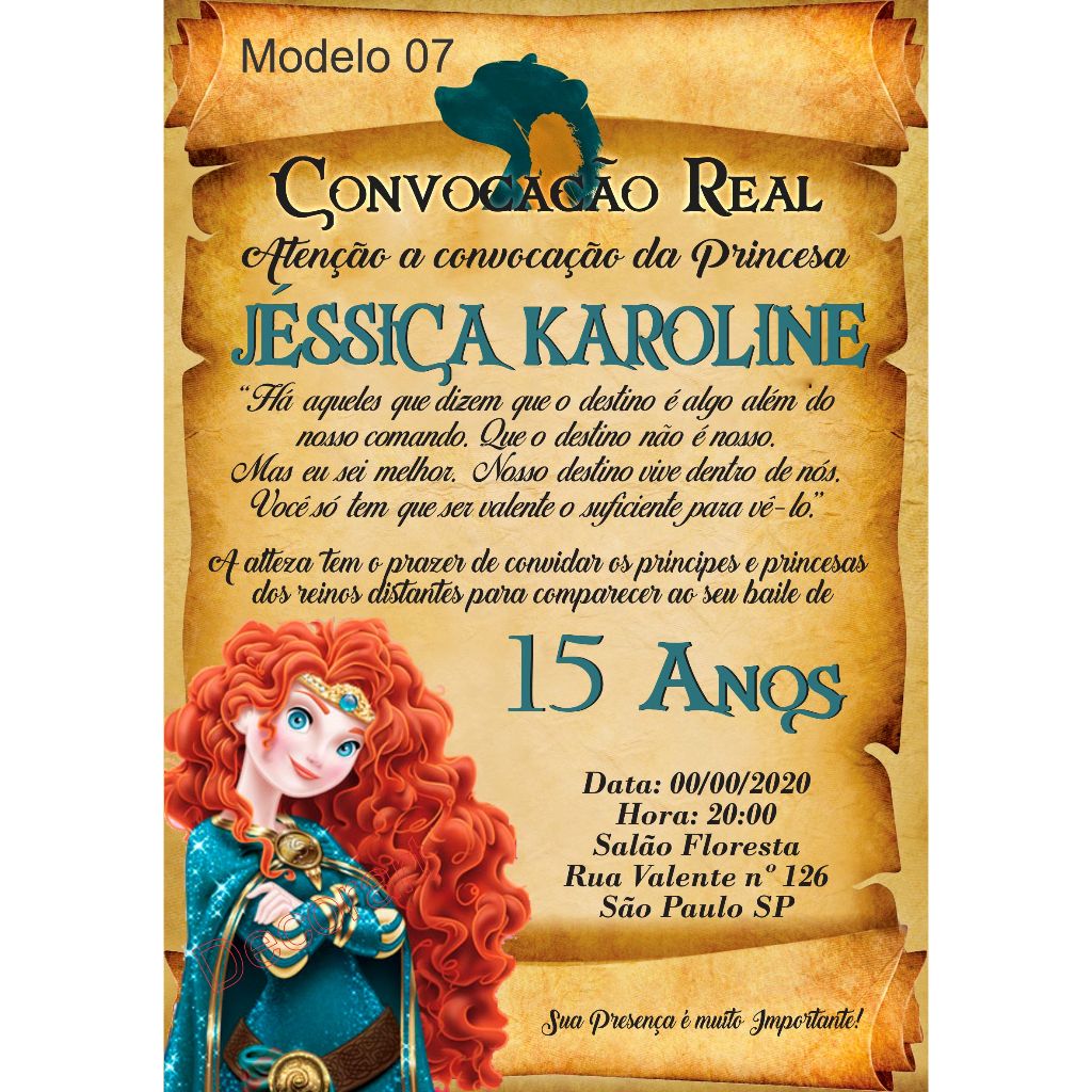 Convite Merida Valente Aniversário Debutante - Convite Pergaminho Festa 15 Anos Merida + Individuais