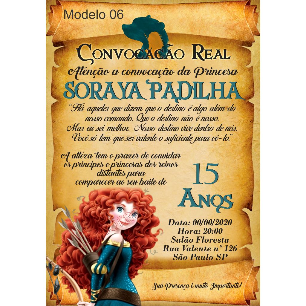 Convite Mérida Valente Aniversário Debutante Festa 15 Anos - Convite Pergaminho Merida + Individuais