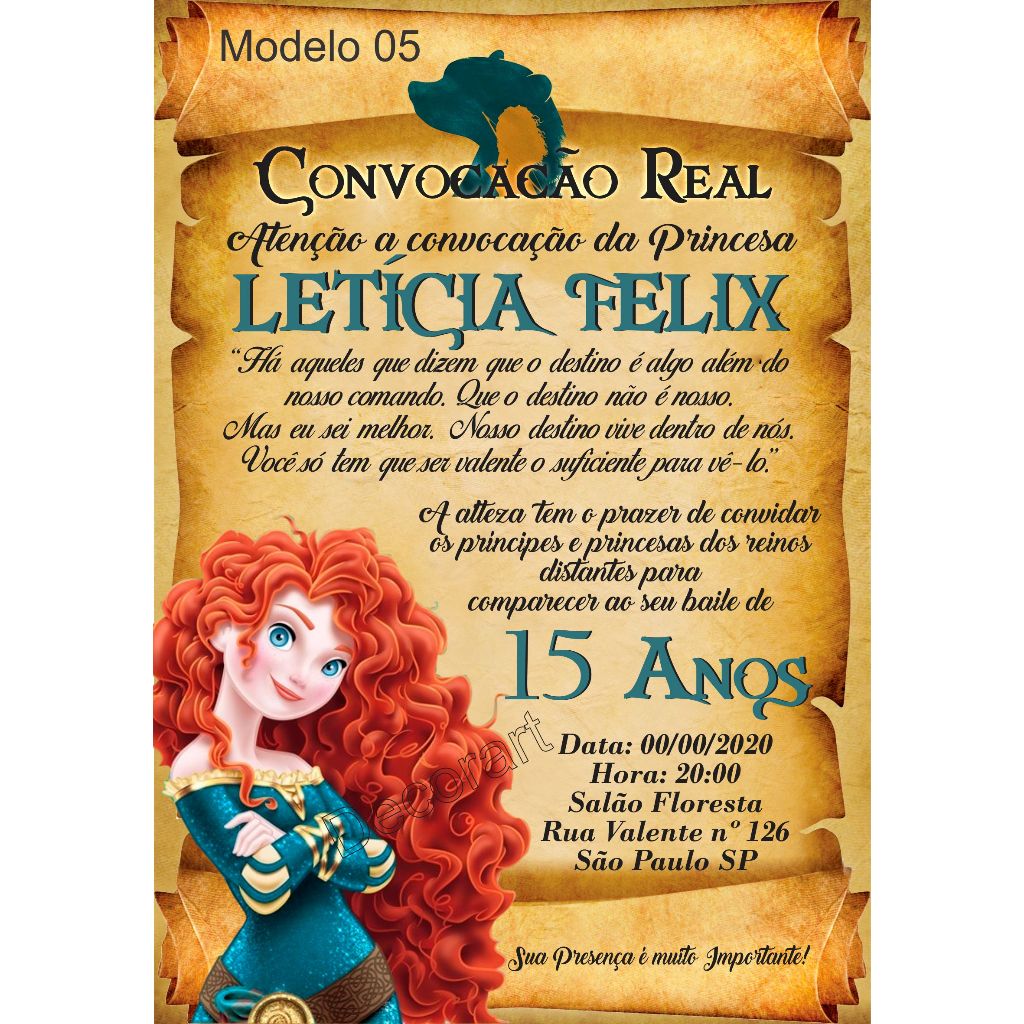 Convite Aniversário Merida - Convite Pergaminho Festa 15 Anos Debutante Merida Valente + Individuais