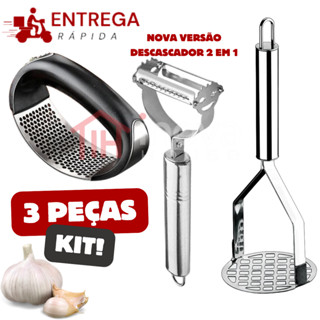 Kit 3 Peças Espremedor de Alho Descascador de Legumes Amassador de Batata  Inox