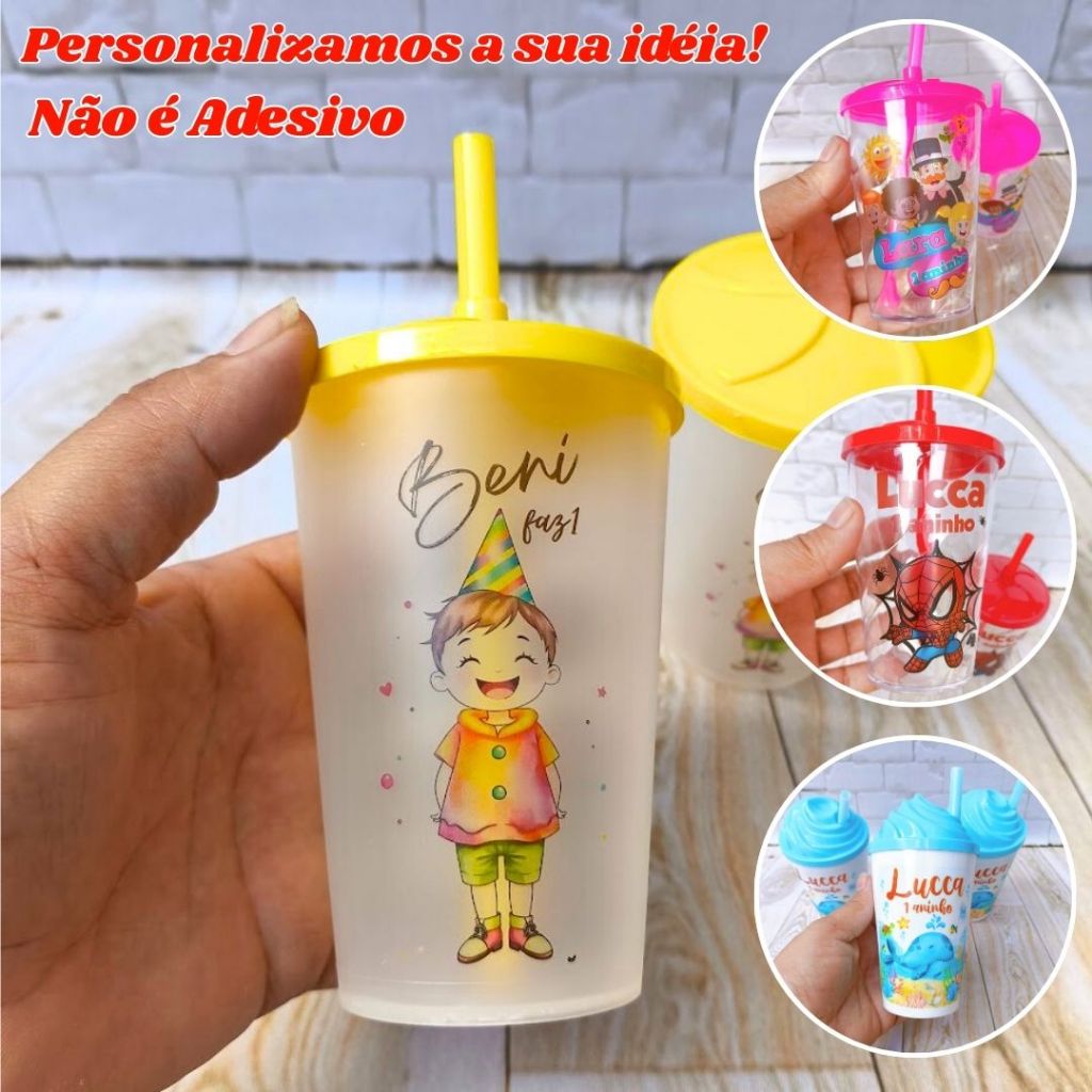 Kit Copo Ecológico Personalizado Lembrancinhas de Aniversário Infantil