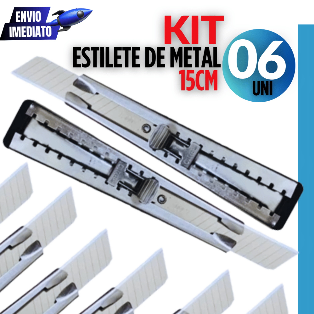 Kit 06 Estilete com Lâmina em Metal 15 Cm Profissional Com Trava Linha Premium