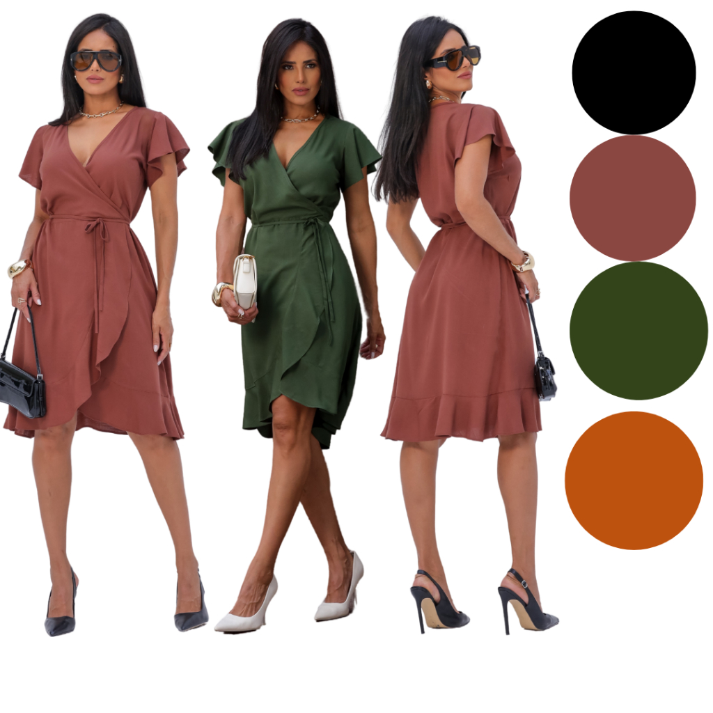 Vestido curto envelope regulável confortável disfarça a barriga em Oferta na Shopee