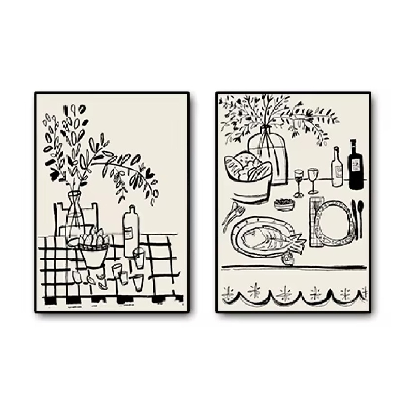 Quadros decorativos Mesa de cozinha ilustração de comida peixe vinho frutas (2 peças)