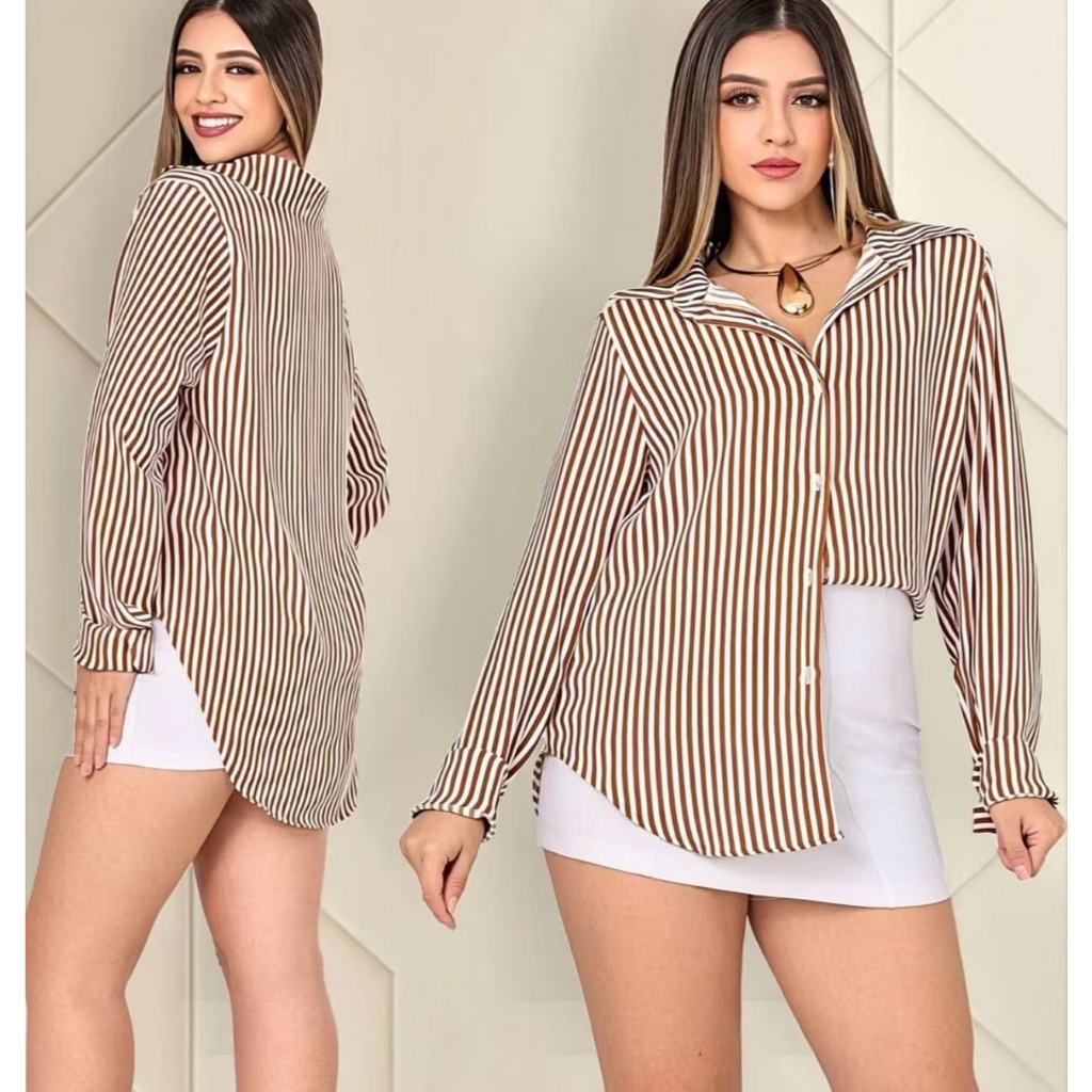 Blusa Feminina Social Listrada Moda Feminina Manga Longa Tecido Duna ceda 2025 em Oferta na Shopee