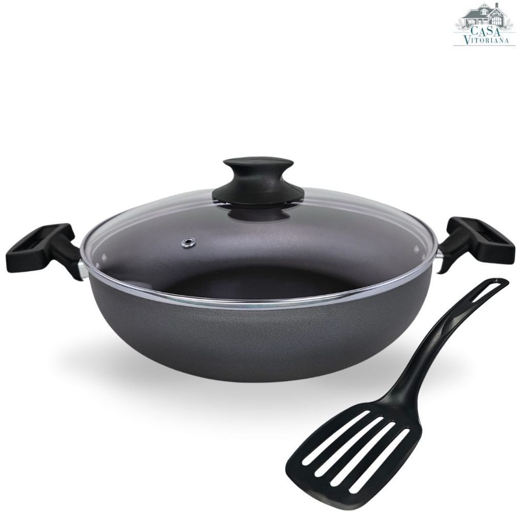 Frigideira Paellera Wok 28 cm Antiaderente Com 5 Camadas de Teflon Cor Preto Grafite